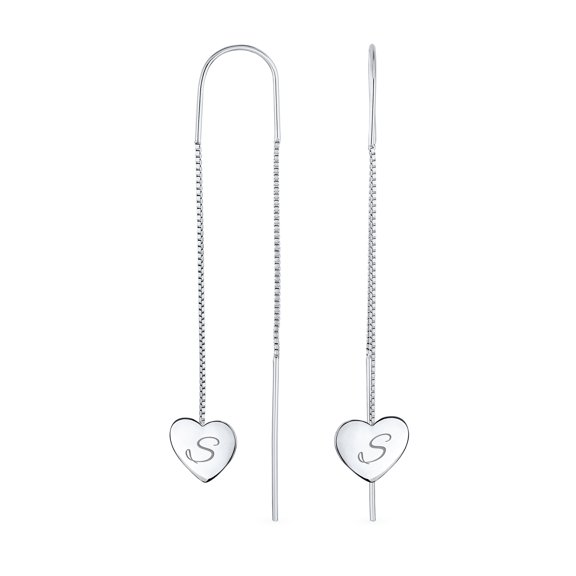 Bling Jewelry Womens Script Initial Alphabet A-Z Long Flat Heart Chain Threader Earrings Silver