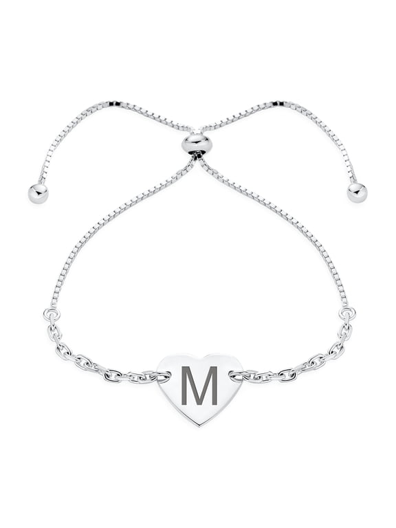 Womens Script or Block Letter A-Z Initial Monogram Heart ID Bracelet Sterling Silver