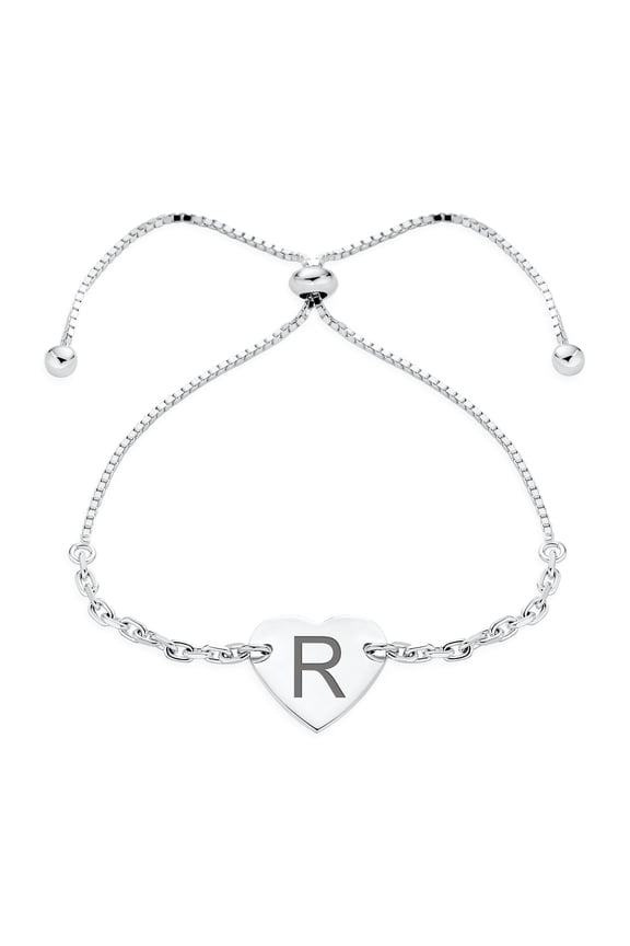 Womens Script or Block Letter A-Z Initial Monogram Heart ID Bracelet Sterling Silver