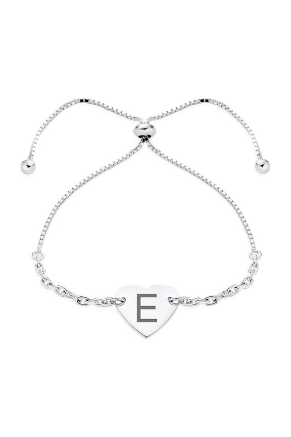 Womens Script or Block Letter A-Z Initial Monogram Heart ID Bracelet Sterling Silver