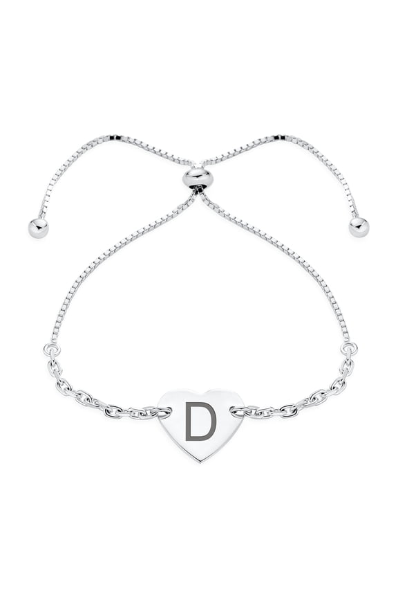 Womens Script or Block Letter A-Z Initial Monogram Heart ID Bracelet Sterling Silver
