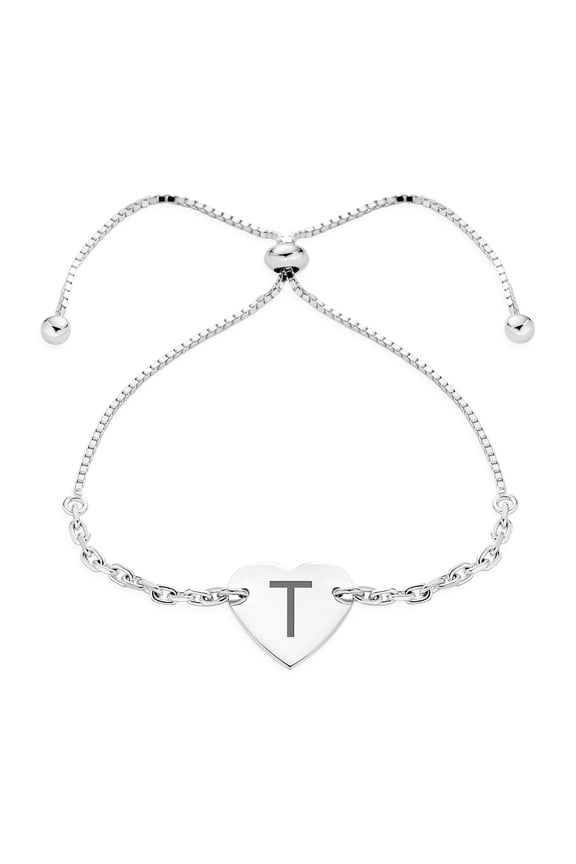 Womens Script or Block Letter A-Z Initial Monogram Heart ID Bracelet Sterling Silver