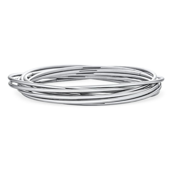 Bling Jewelry Womens Set of 10 Smooth Thin Stackable Bangle Bracelets Silver Tone Stainless Steel
