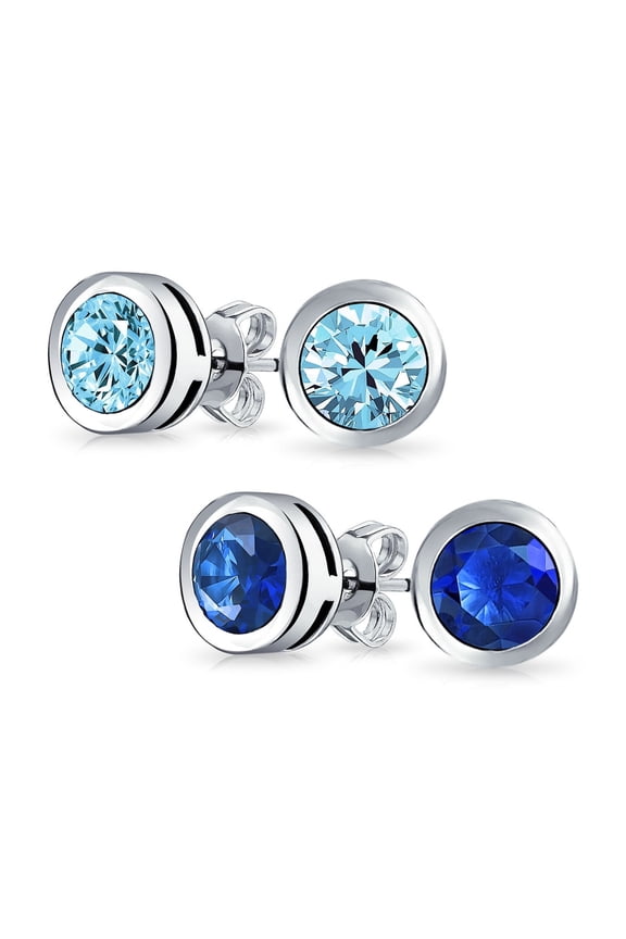Womens Set of 2 Aqua Royal Blue Martini Bezel Set CZ Stud Earrings Sterling Silver 6MM