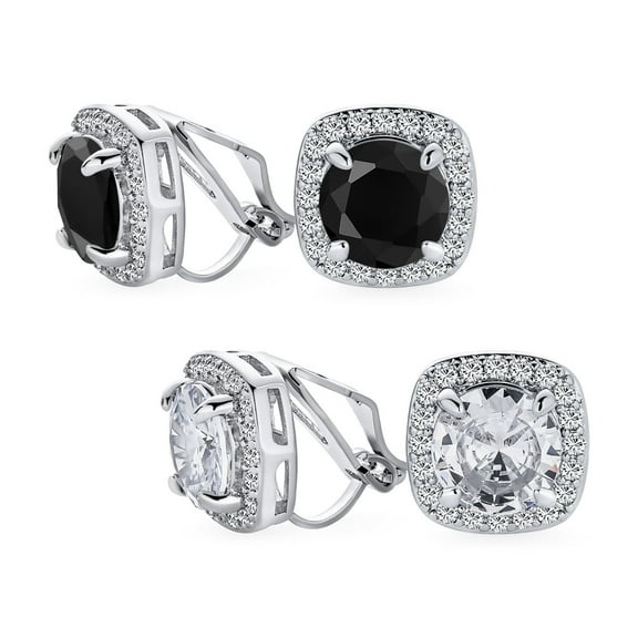 Bling Jewelry Womens Set of 2 Black Clear 2CT Round CZ Solitaire Halo Clip-On Earrings Silver Plated