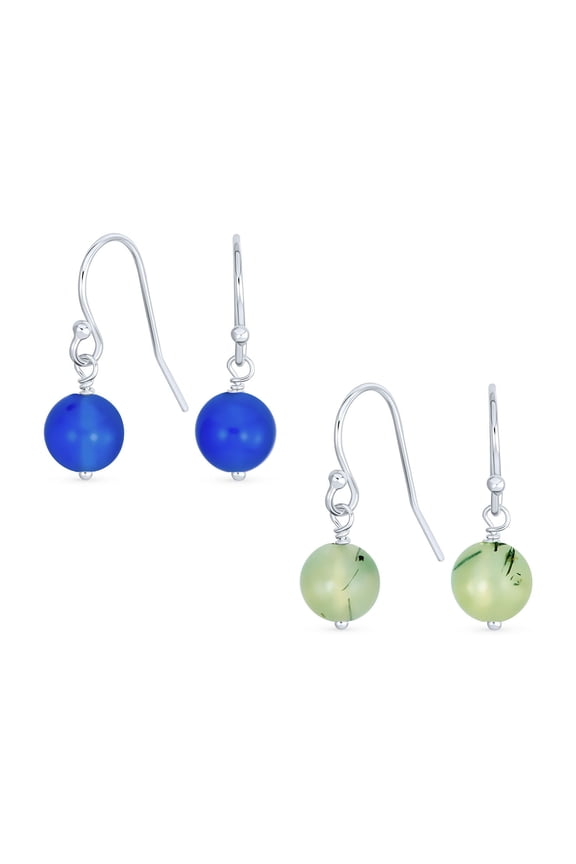 Womens Sterling Silver Blue Agate & Green Prehnite Amethyst Bead Ball Drop Earrings Fish Hook (Set of 2)