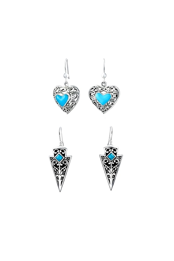Womens Set of 2 Blue Turquoise Gemstone Arrowhead & Heart Earrings Sterling Silver