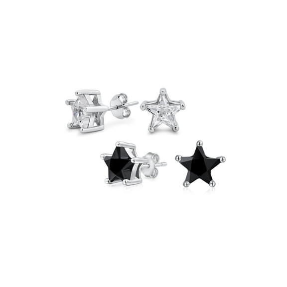 Bling Jewelry Womens Set of 2 Celestial USA Black Clear CZ Star Stud Earrings Sterling Silver 7MM