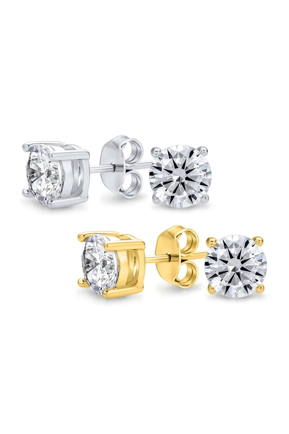 Womens Set of 2 Classic Round Clear CZ Stud Earrings Gold Plated Sterling Silver 6MM