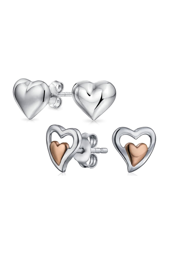 Womens Set of 2 Double Open Heart Shaped Puffed Stud Earrings Rose Gold Plated Silver