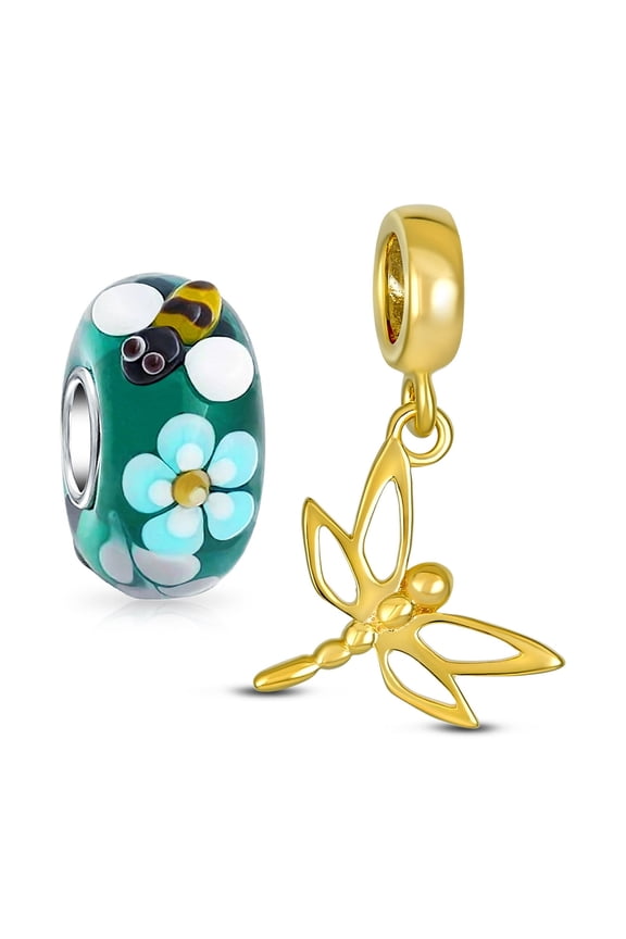 Womens Sterling Silver Dragonfly Firefly Butterfly Bumble Bee Flower Glass Bead Charm for Bracelet (Set)