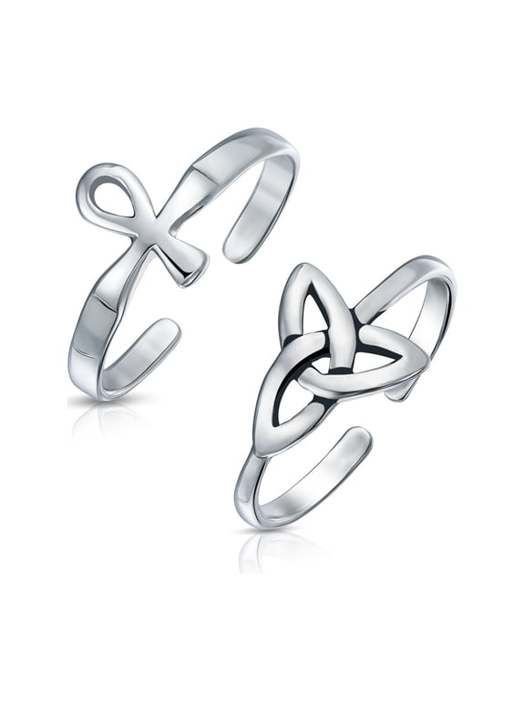 Womens Ankh Cross & Celtic Trinity Knot Midi Toe Ring .925 Silver Sterling Set-2