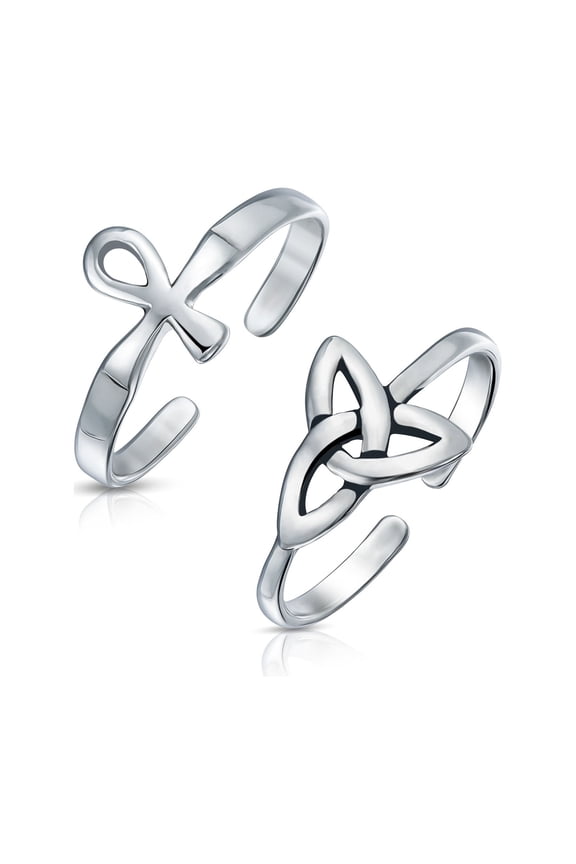 Womens Set of 2 Egyptian Ankh Cross and Celtic Trinity Knot Midi Toe Ring Silver