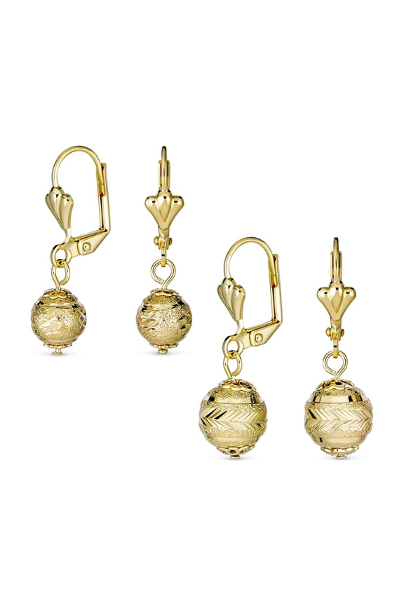Womens Diamond-Cut Spheres Dangle 6MM & 10MM Ball Drop Earrings Lever Back Gold Plated (Set of 2)
