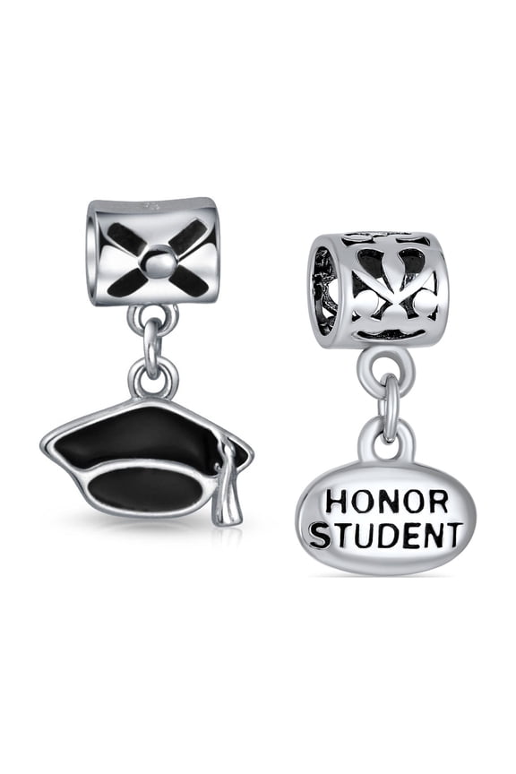 Womens Sterling Silver Graduation Trencher Black Cap & Honor Student Dangle Charm Bead for Bracelet (Set)
