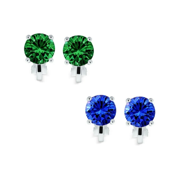 Bling Jewelry Womens Set of 2 Green Blue CZ Clip-On Earrings Silver Plated for Non-Pierced Ears