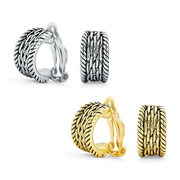 Bling Jewelry Womens Set of 2 Grooved Rope Half Hoop Clip-On Earrings Gold Plated