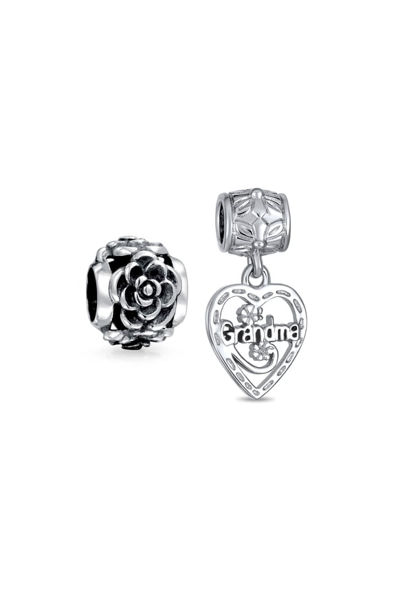 Womens Sterling Silver Grandma Heart Dangle & Flower Black Rose Grandmother Charm Bead for Bracelet (Set)