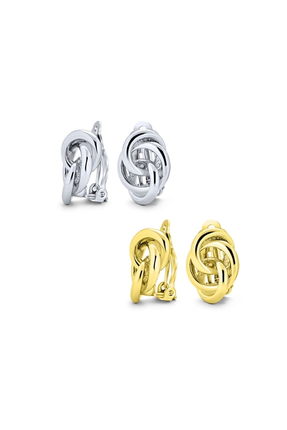 Womens Interlocking Rope Love Knot Clip On Earrings Non Pierced Ears Yellow Gold Rhodium Plated (Set of 2)