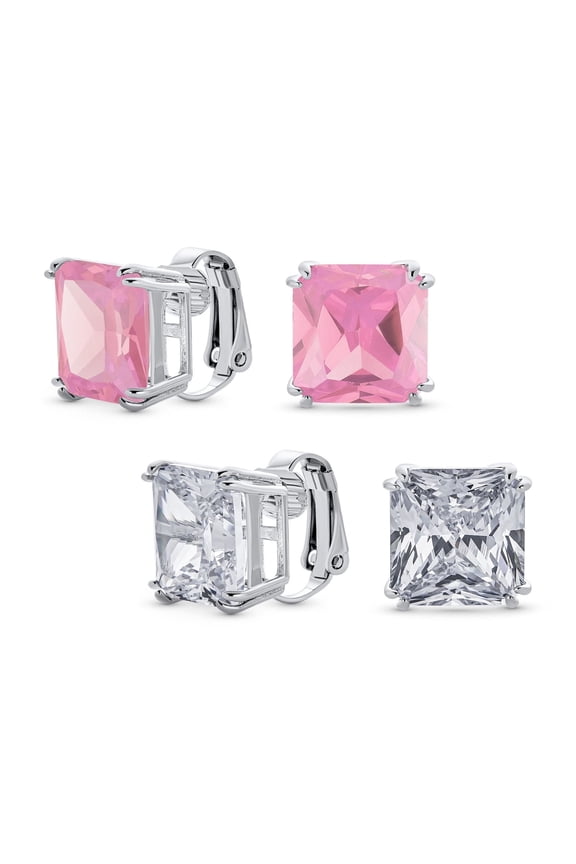 Womens Set of 2 Large 5CT Pink Clear Square CZ Solitaire Clip-On Earrings 12MM
