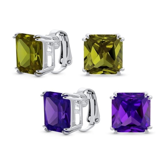 Bling Jewelry Womens Set of 2 Large 5CT Purple Olive Green Square CZ Solitaire Clip-On Earrings 12MM