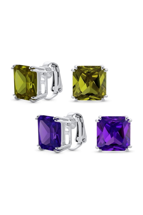 Womens Set of 2 Large 5CT Purple Olive Green Square CZ Solitaire Clip-On Earrings 12MM