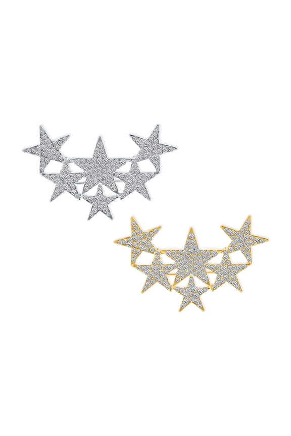 Womens Set of 2 Large Celestial Rock Star Crystal Stars Brooch Pin Silver Gold Plated