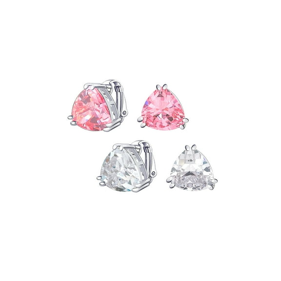 Bling Jewelry Womens Set of 2 Large Triangle Pink Clear CZ Solitaire Clip-On Earrings 12MM