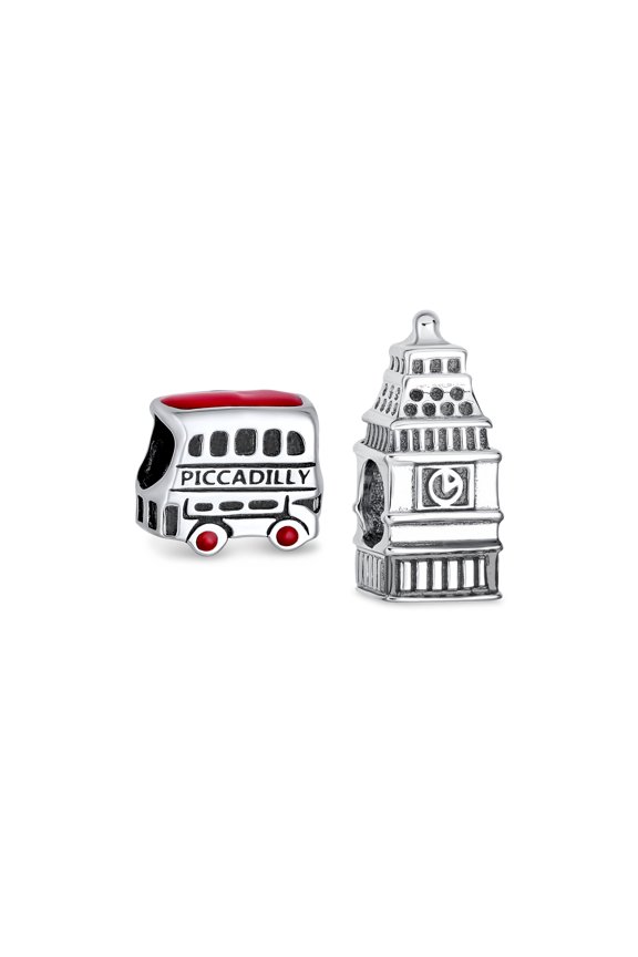 Womens Set of 2 London Big Ben and Double Decker Bus Charm Bead Sterling Silver