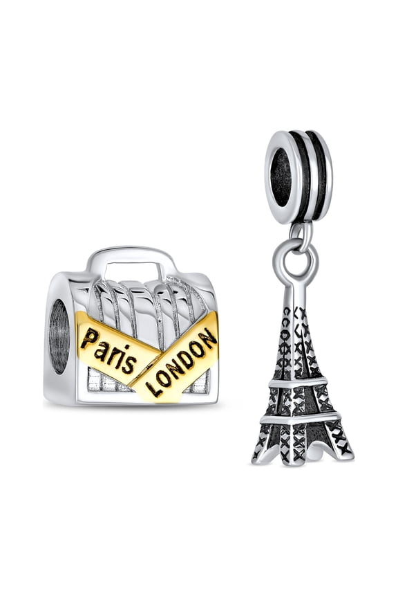 Womens Sterling Silver London Paris Travel Suitcase Luggage & Paris Eiffel Tower Charm Bead for Bracelet Set