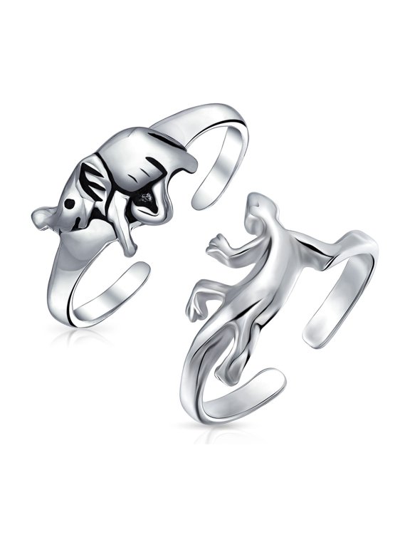 Womens Animal Elephant & Gecko Lizard Midi Toe Ring .925 Sterling Silver (Set-2)