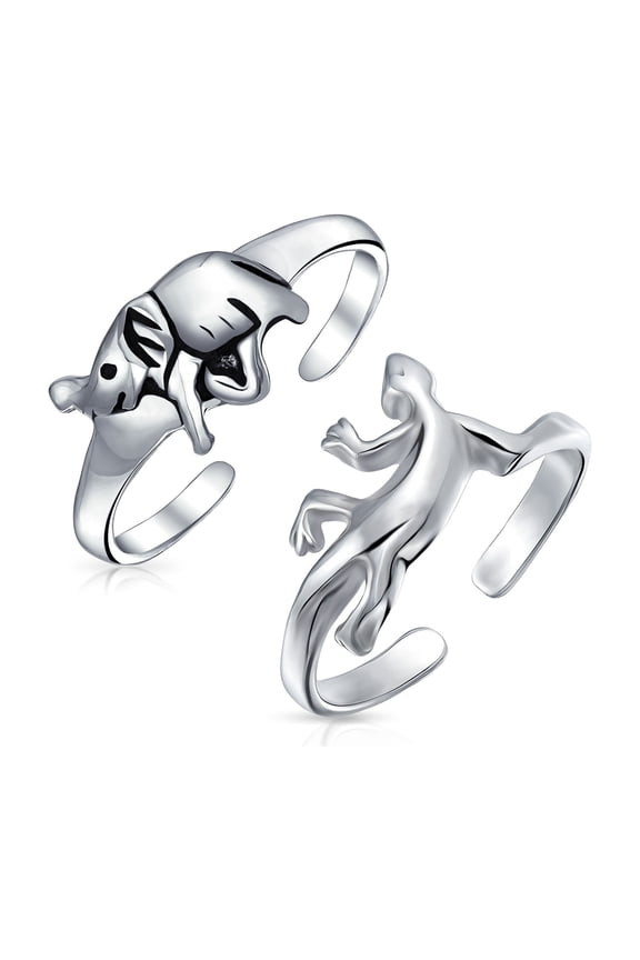 Womens Animal Elephant & Gecko Lizard Midi Toe Ring .925 Sterling Silver (set of 2)