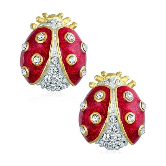Bling Jewelry Womens Set of 2 Lucky Ladybug Red Gold Enamel Crystal Brooche Pin