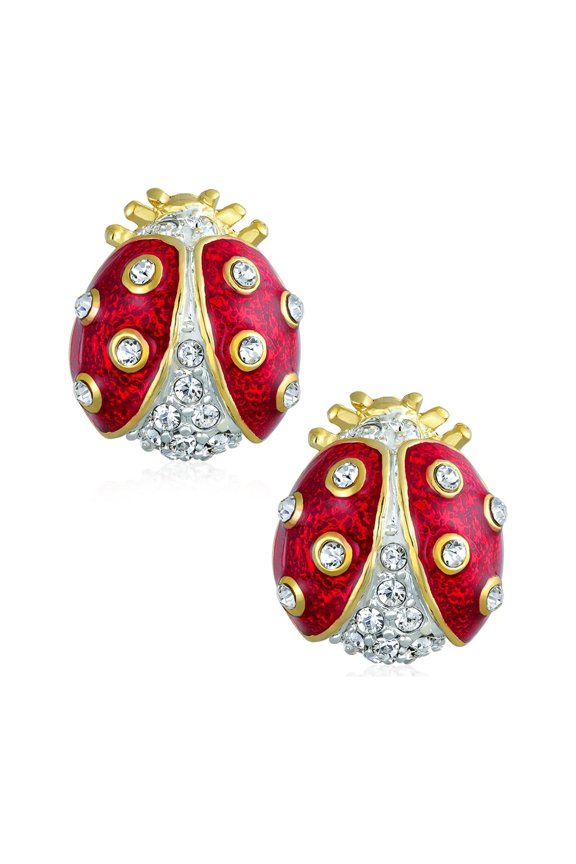 Womens Set of 2 Lucky Ladybug Red Gold Enamel Crystal Brooche Pin