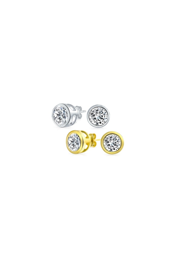 Womens Set of 2 Martini Bezel Set CZ Stud Earrings Gold Plated Sterling Silver 5MM