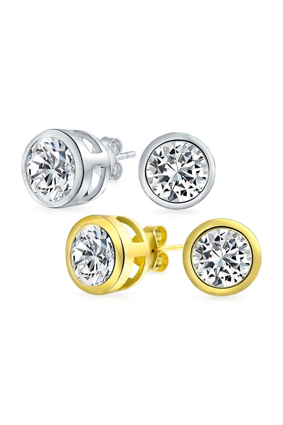 Womens Set of 2 Martini Bezel Set CZ Stud Earrings Gold Plated Sterling Silver 6MM