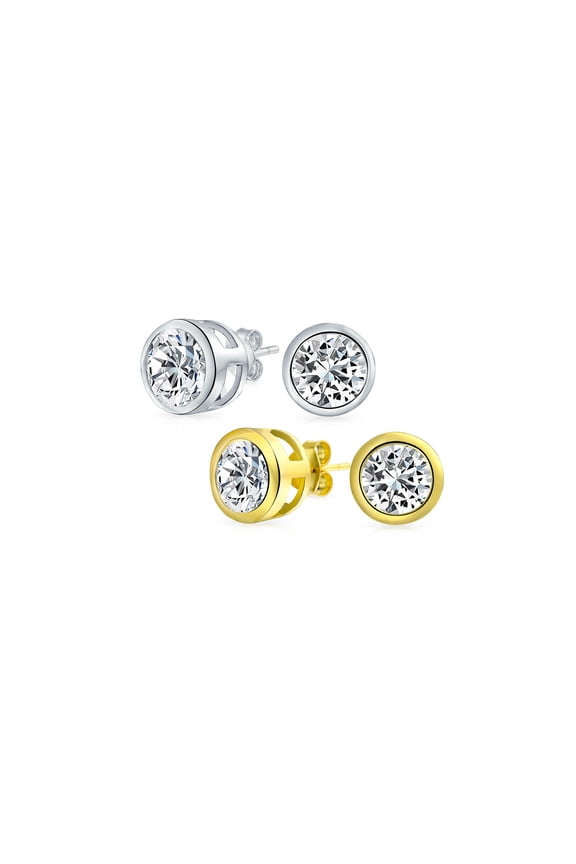 Womens Set of 2 Martini Bezel Set CZ Stud Earrings Gold Plated Sterling Silver 9MM