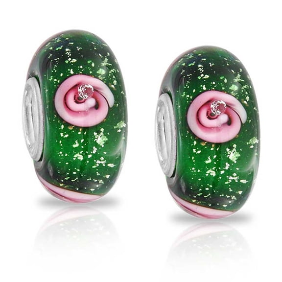 Bling Jewelry Womens .925 Sterling Silver Floral Pink Green Rose Flower Murano Glass Charm Bead for Bracelet (Set of 2)