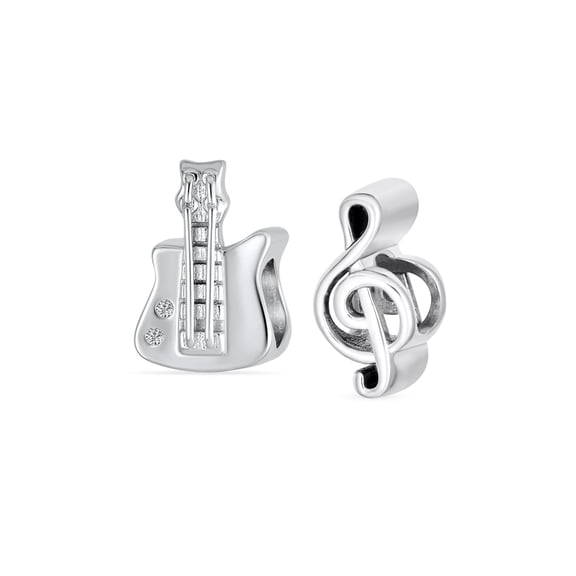 Bling Jewelry Womens Sterling Silver Music G Clef Note & Rock Star Guitar Student Musician Charm Bead for Bracelet (Set)