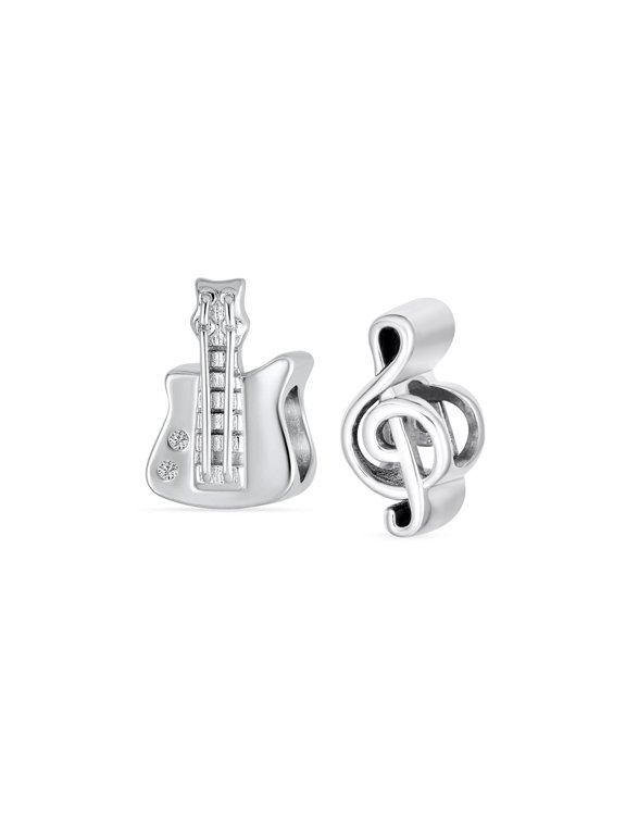 Womens Sterling Silver Music G Clef Note & Rock Star Guitar Student Musician Charm Bead for Bracelet (Set)