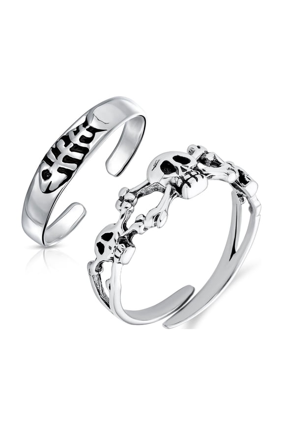 Womens Set of 2 Nautical Fish Bone and Skull Midi Toe Ring Sterling Silver
