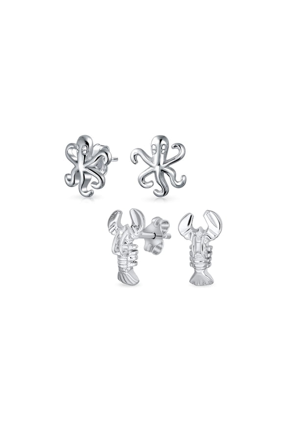 Womens Sterling Silver Tiny Nautical Sea Creature Squid Octopus Stud Earrings Vacation Keepsake (Set of 2)