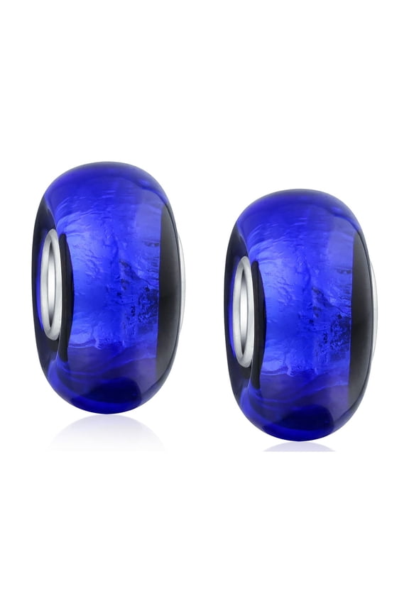 Womens Set of 2 Navy Blue Foil Murano Glass Glass Charm Bead with Sterling Silver Core