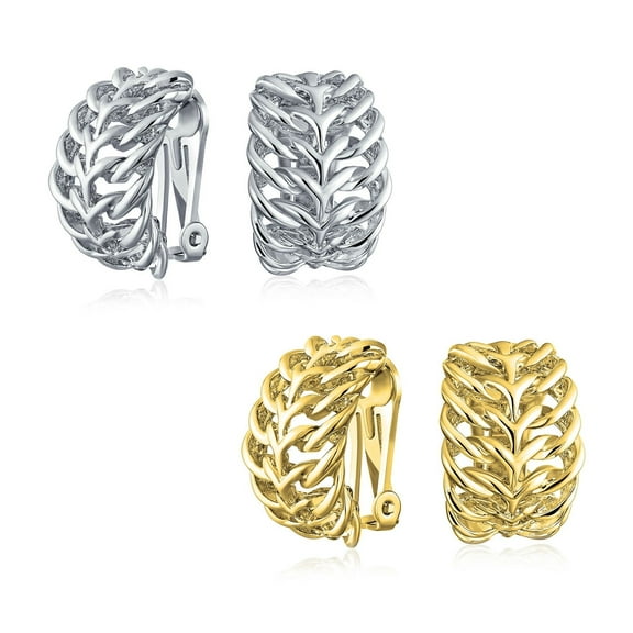 Bling Jewelry Womens Set of 2 Open Weave Leaf Design Clip-On Earrings Gold Plated