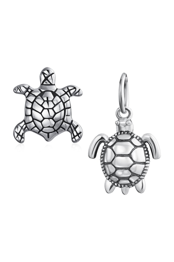 Womens .925 Sterling Silver Oval & Nautical Sea Tropical Beach Reptile Tortoise Turtle Charm Bead (Set)