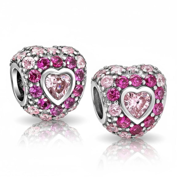 Bling Jewelry Womens Sterling Silver Hot Pink Fuchsia Cubic Zirconia CZ Pave Heart Charm Bead Sterling for Bracelet (Set)