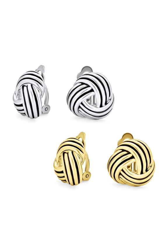 Womens Rope Cable Love Knot Work Clip On Earrings Non Pierced Ears Black Oxidized Gold Plated (Set of 2)