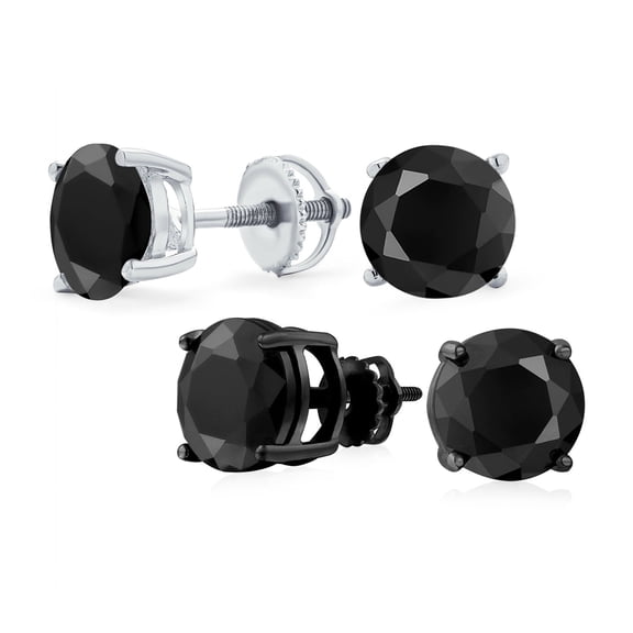 Bling Jewelry Womens Set of 2 Round Black CZ Stud Earrings Black Plated Sterling Silver 7MMScrew Back