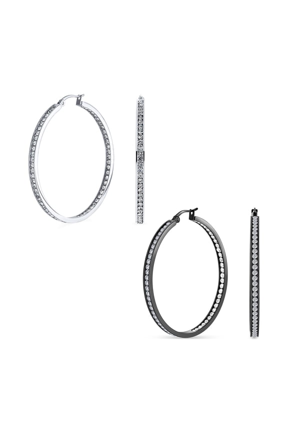 Womens Set of 2 Round Channel Set CZ Hoop Earrings Black Plated Stainless Steel 2 Inch