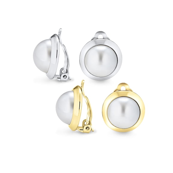 Bling Jewelry Womens Faux White Pearl Button Style Clip On Earrings Gold Silver Plated (2 Set)